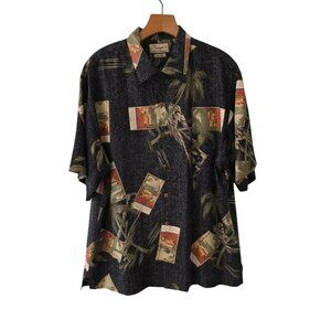 Prussers Hawaiian Shirt 100% Silk Button Up Short Sleeve Floral Black Medium